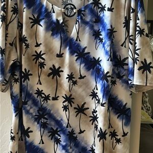 Tacera Blue and Brown Relaxed 3/4 Sleeve T-Shirt
